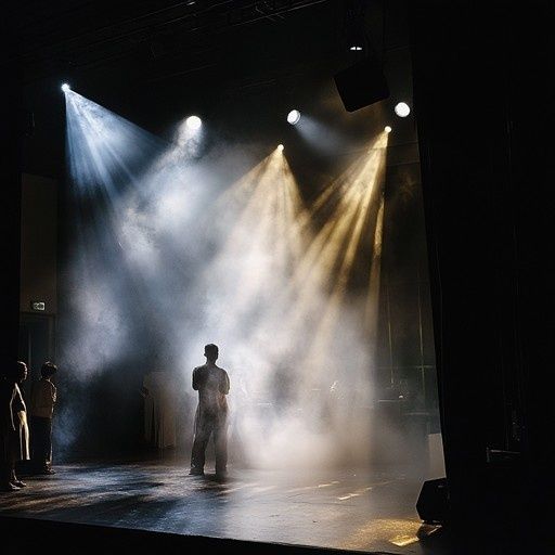 Solist op een mistig musicalpodium onder dramatische spots